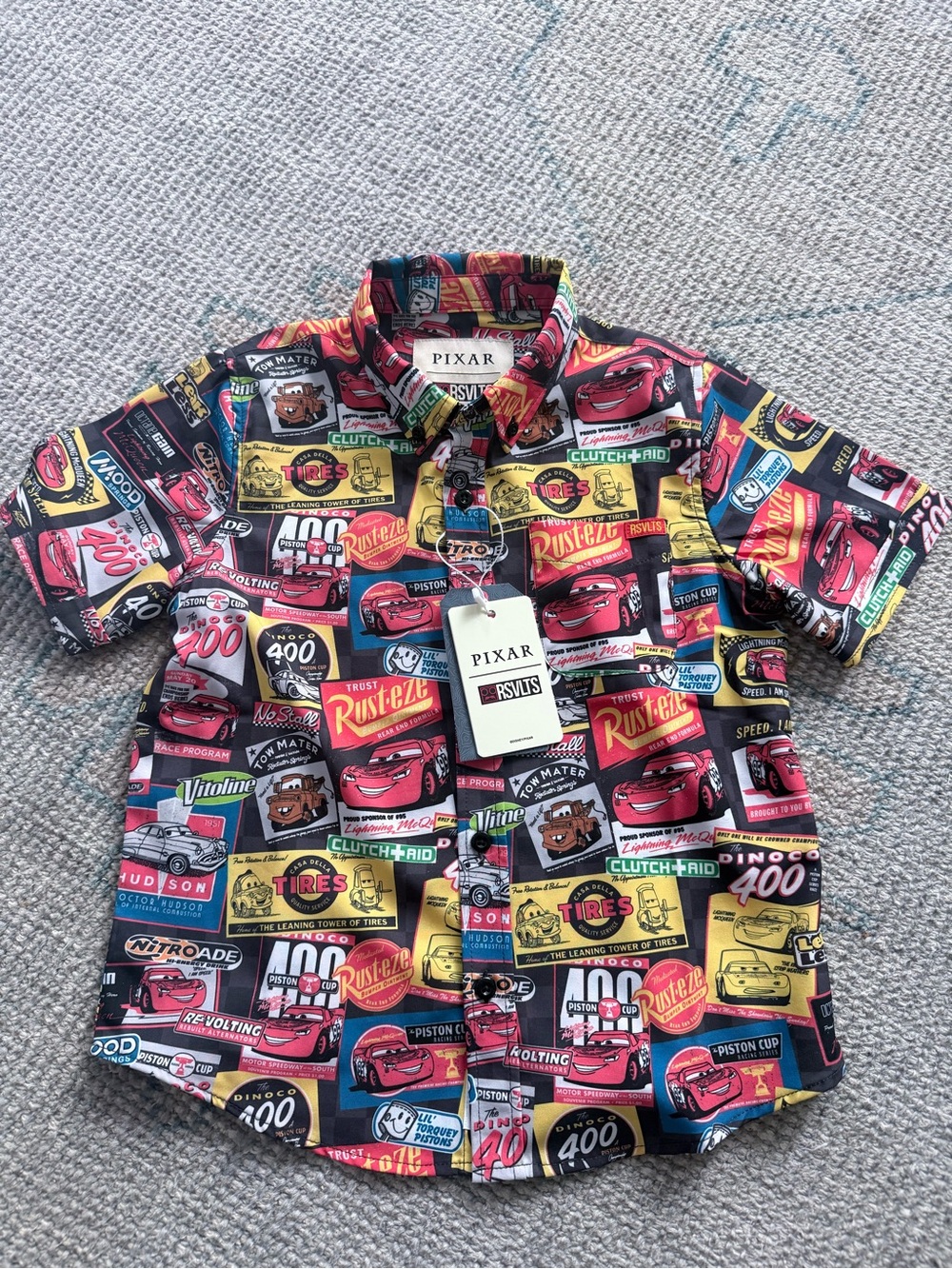 RSVLTS Pixar Cars Graphic Button-Up Shirt in Red, Yellow, Blue, Black